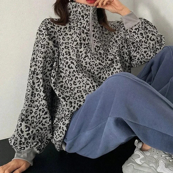 Grey Casual Women's Leopard Print Drop Shoulder Zipper Half Placket Sweatshirt - Picture 8 of 8